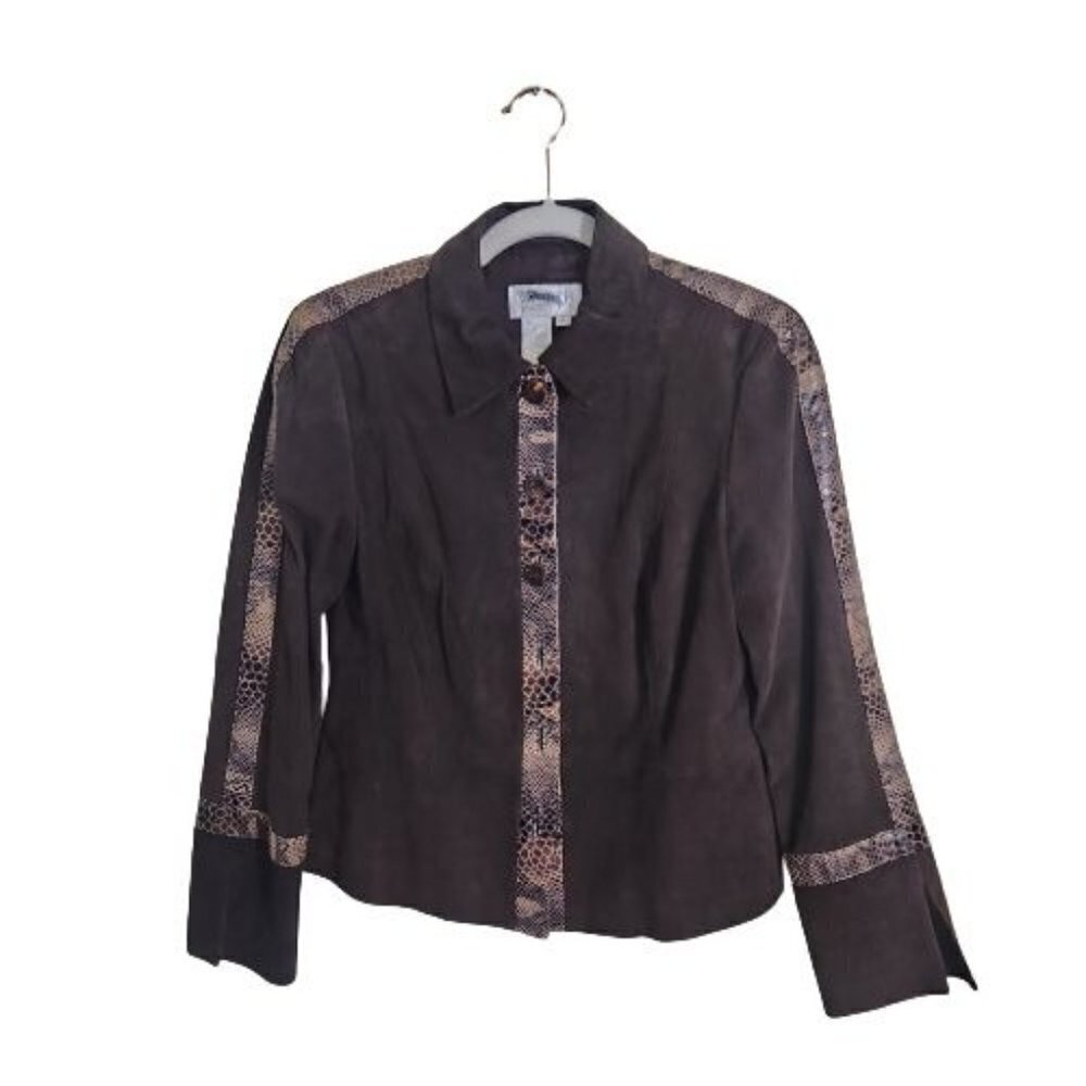 W By Worth Brown Suede 100% Leather Patent Snake Trim Jacket Size 8